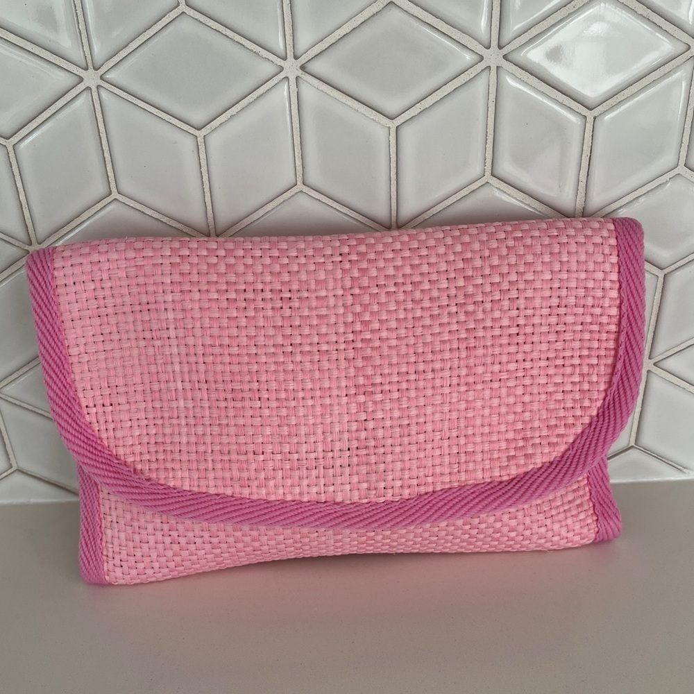 VINTAGE Clutch Bag Pink Woven Fabric Trim Summer Minimalist Soft Girl Pastel